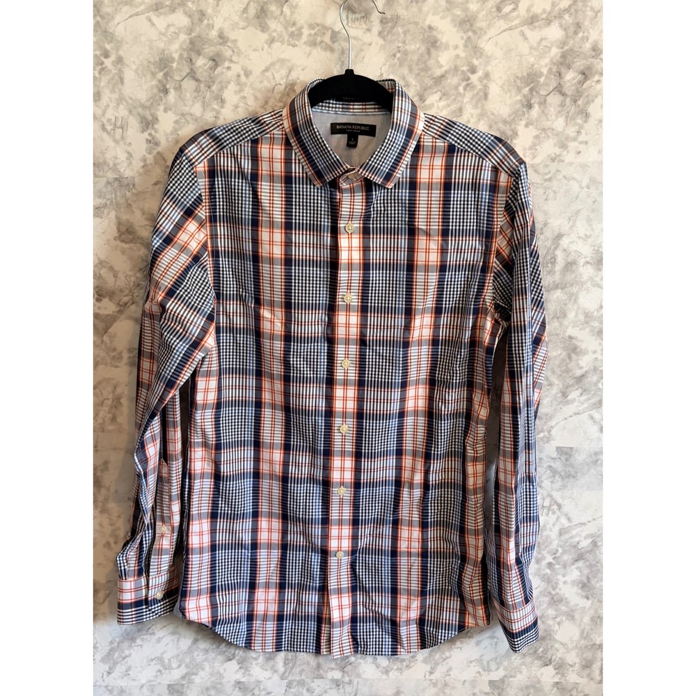 Banana Republic Plaid Button‎ Down Shirt Navy Orange 100% Cotton Long Sleeve S